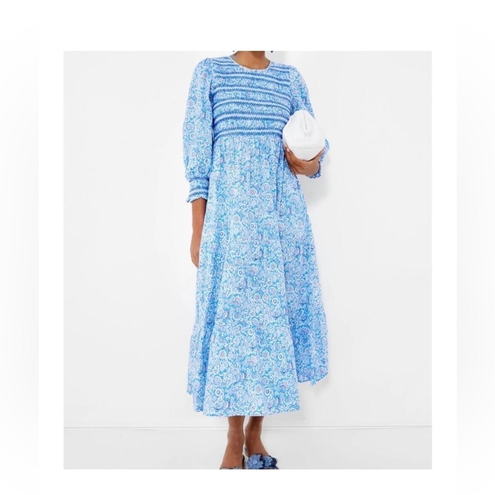 NWT Pink City Prints Isabel Dress S Ornate Sky Blue Cotton Smocked Midi - Picture 12 of 12
